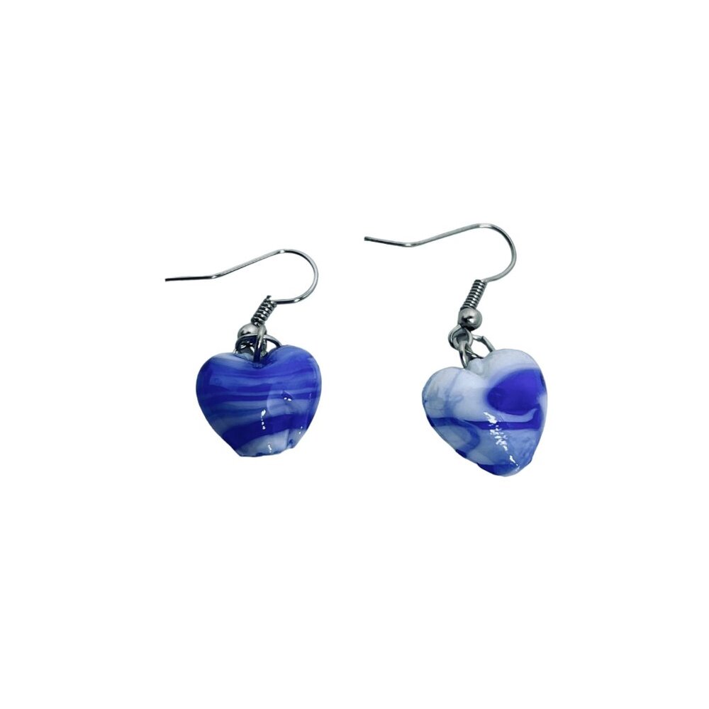 Silver Plated Pierced Dangle Earrings With Blue & White Glass Heart Bead (5479) - Picture 5 of 5